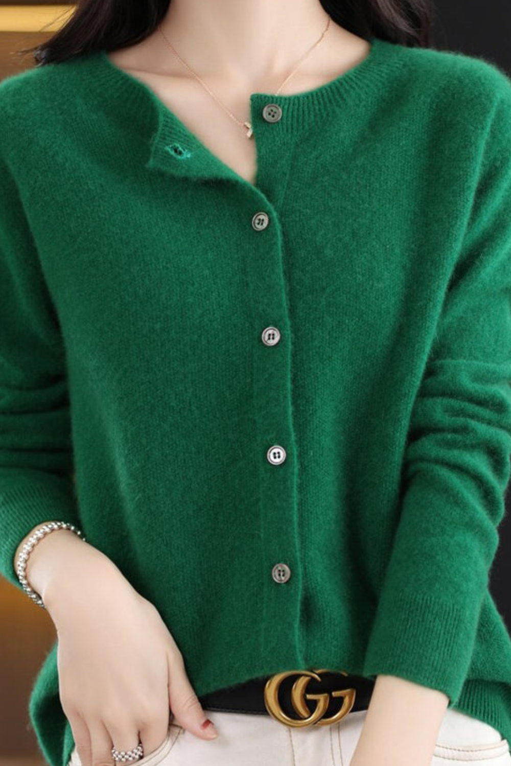 Women's long-sleeve button cardigan with V-neckline and ribbed trims