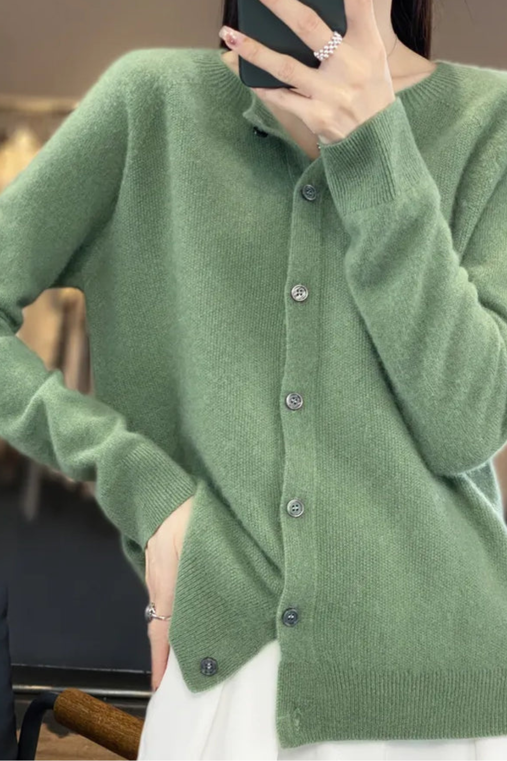 Women's long-sleeve button cardigan with V-neckline and ribbed trims