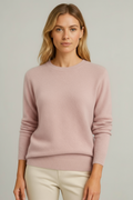 Women's plain crew neck knitted sweater with long sleeves and ribbed trims