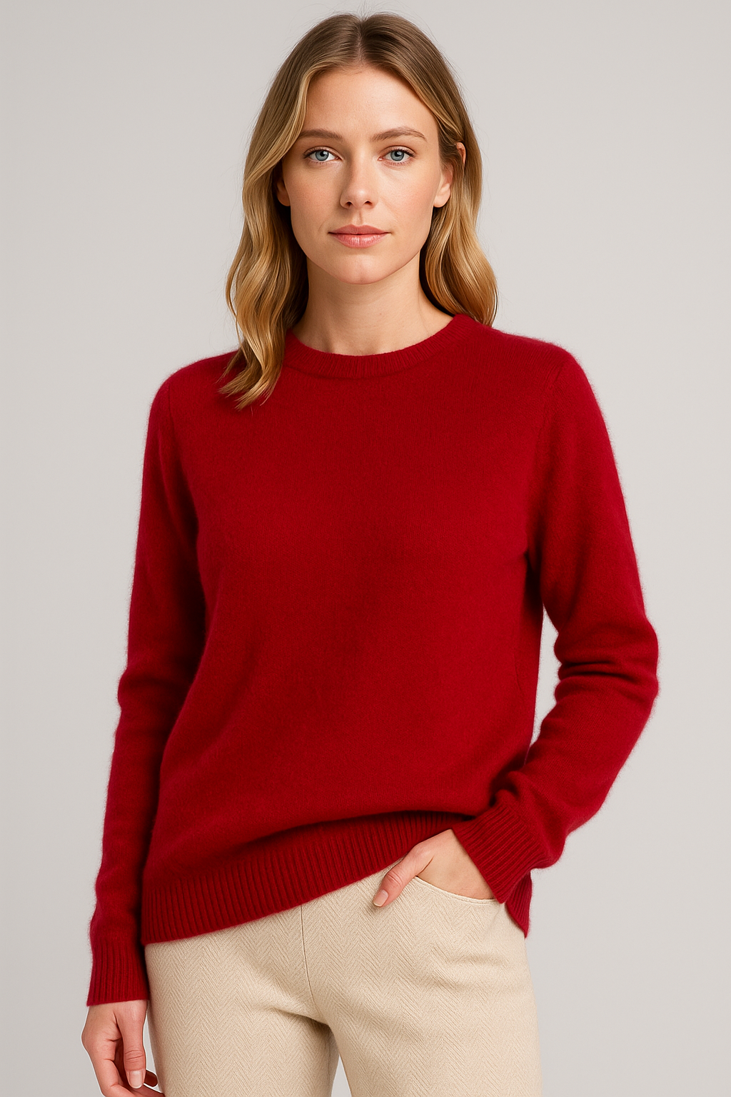 Women's plain crew neck knitted sweater with long sleeves and ribbed trims