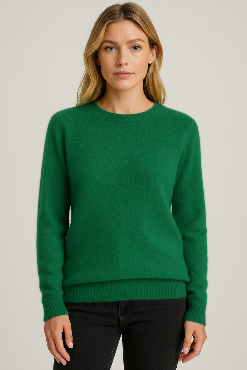 Women's plain crew neck knitted sweater with long sleeves and ribbed trims