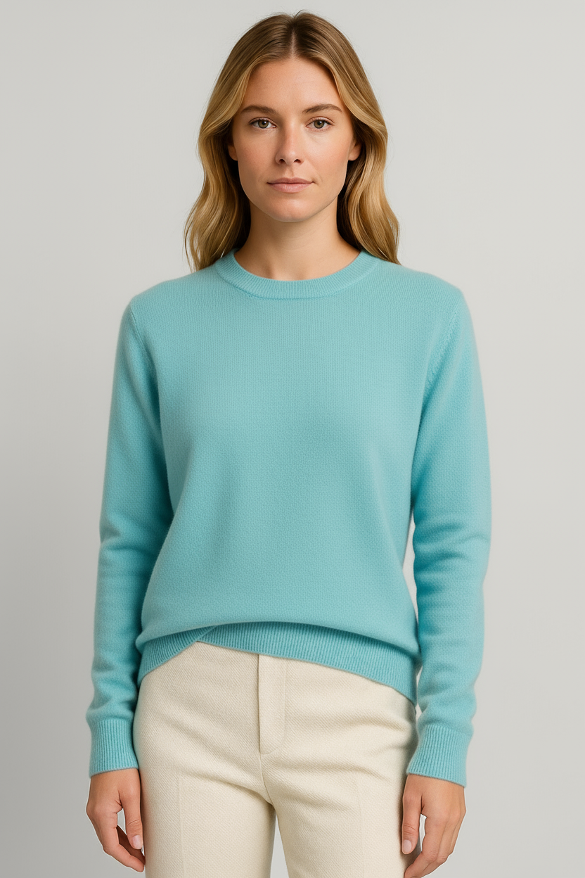 Women's plain crew neck knitted sweater with long sleeves and ribbed trims