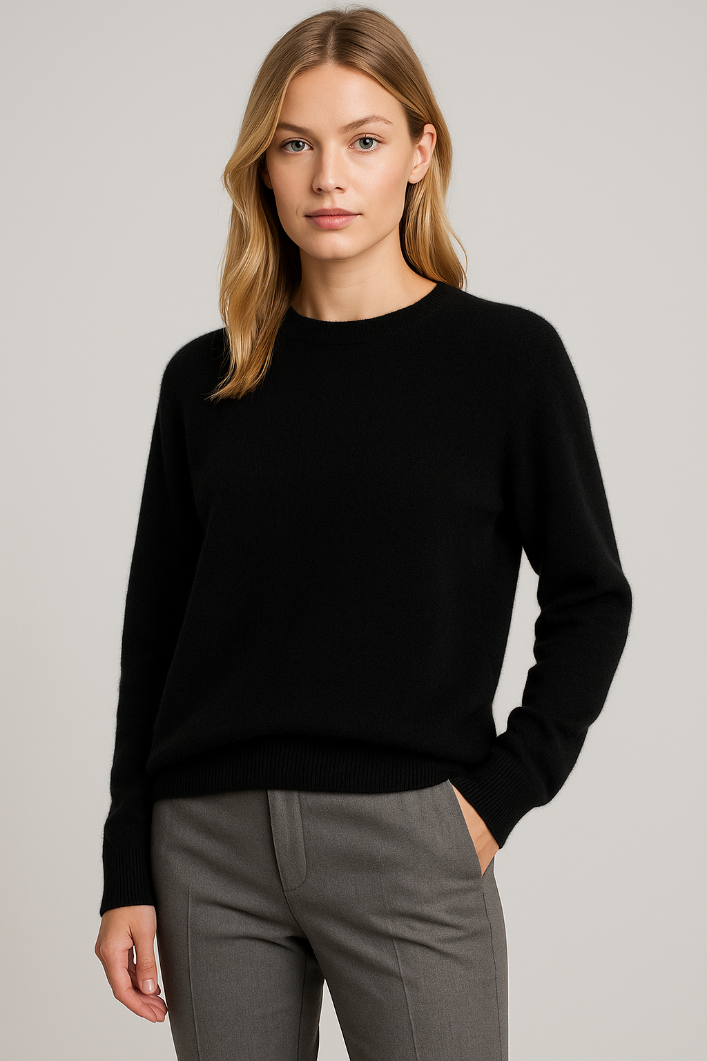 Women's plain crew neck knitted sweater with long sleeves and ribbed trims