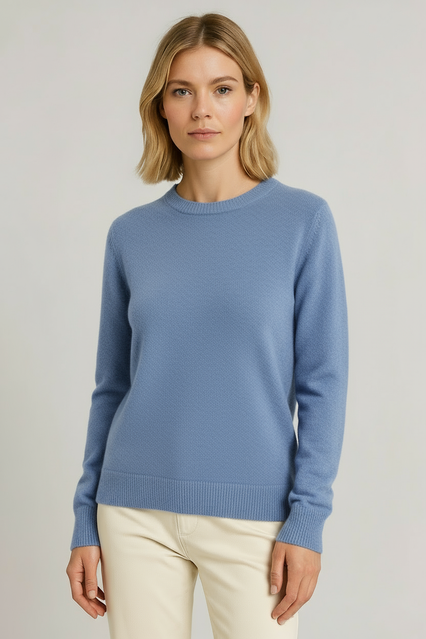 Women's plain crew neck knitted sweater with long sleeves and ribbed trims
