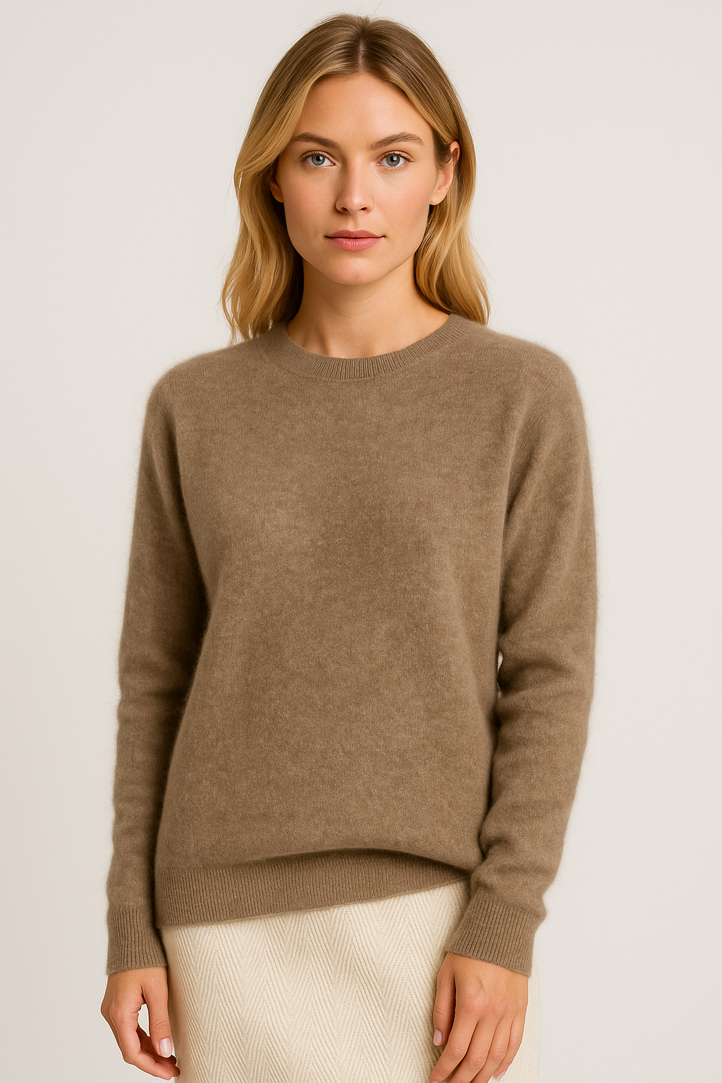 Women's plain crew neck knitted sweater with long sleeves and ribbed trims