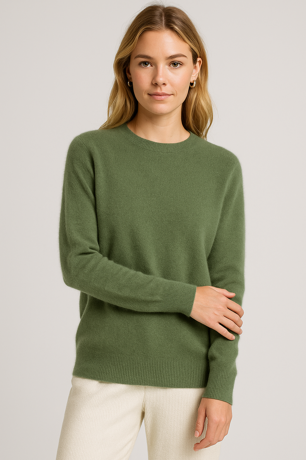 Women's plain crew neck knitted sweater with long sleeves and ribbed trims