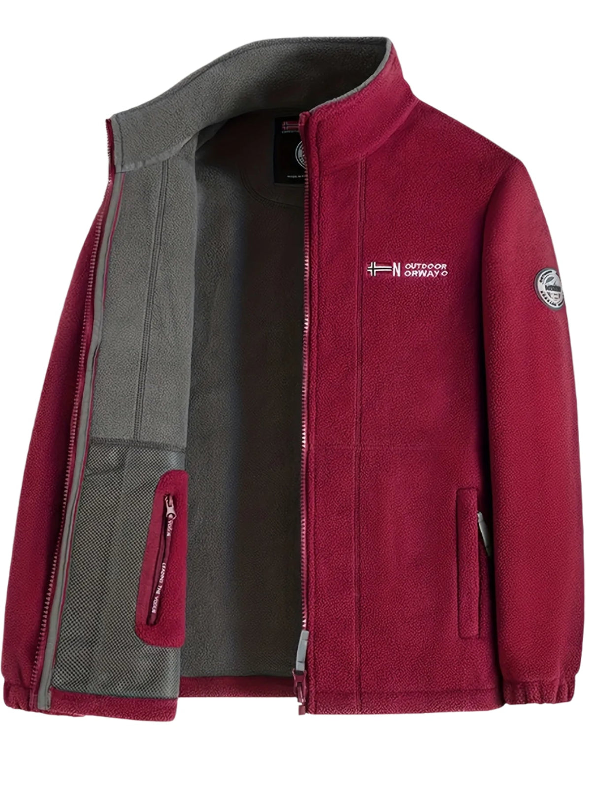 Men's full-zip fleece-textured jacket with stand collar and zipped pockets