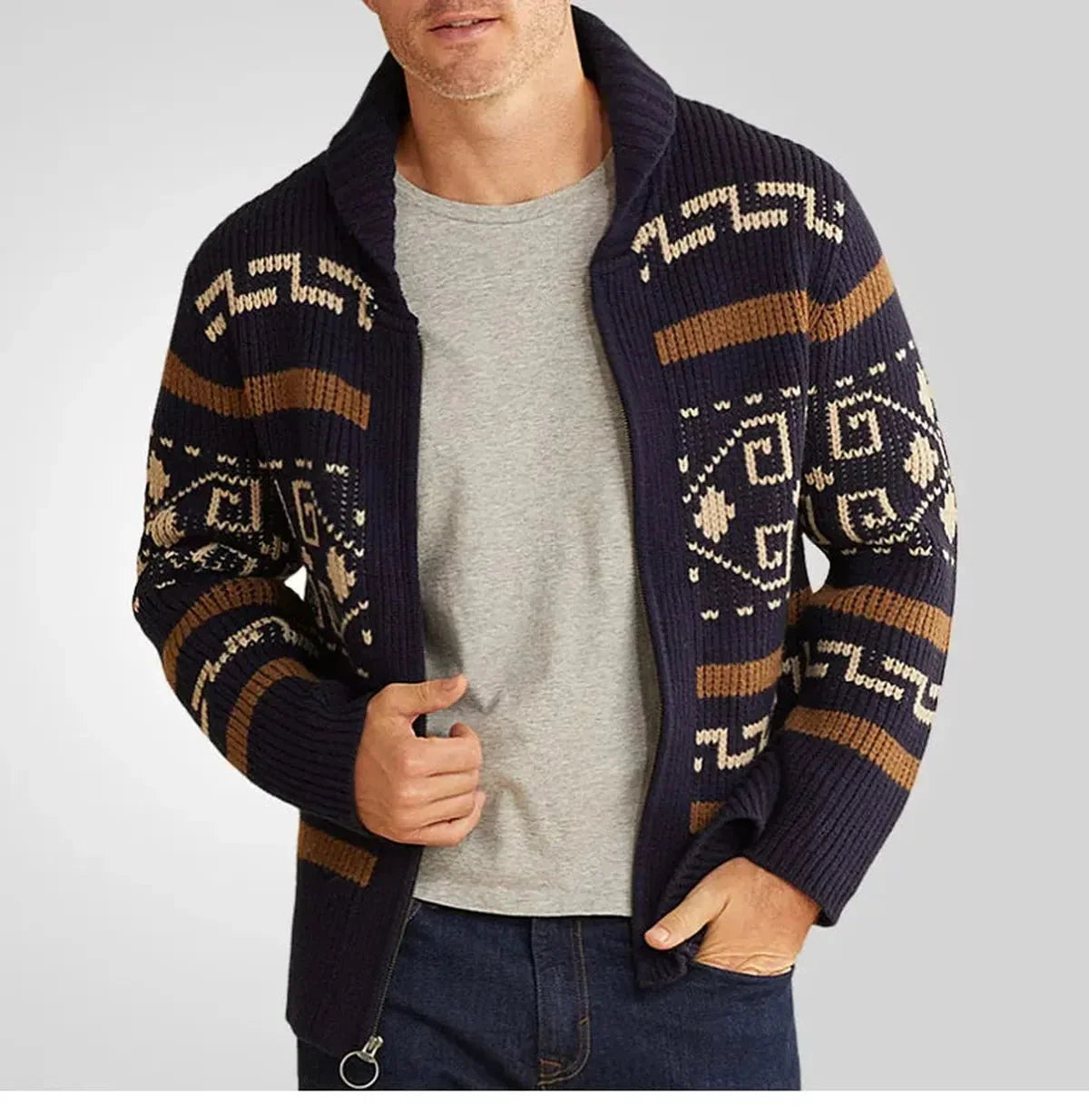Men's geometric patterned knitted cardigan with shawl collar and zip fastening