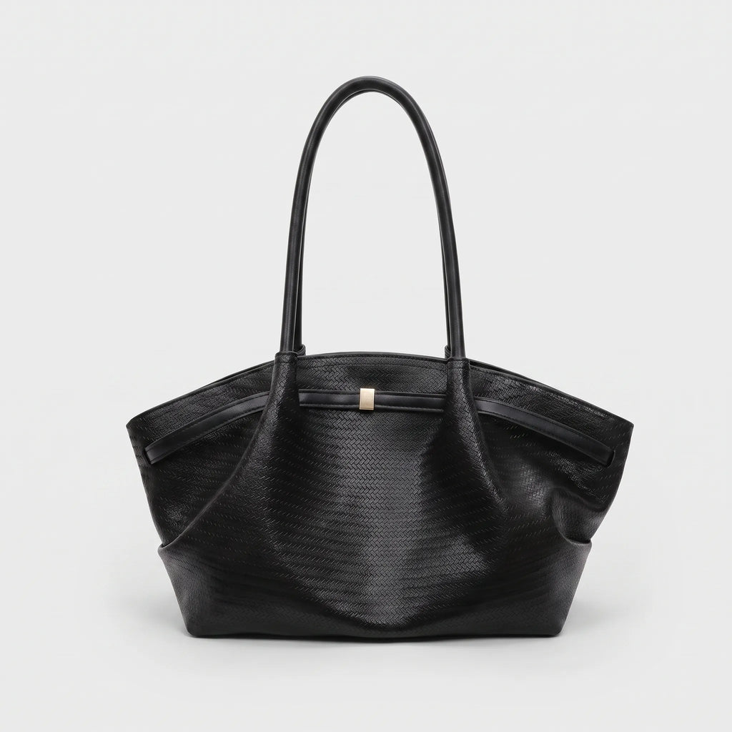 Women's textured woven trapeze tote handbag with long shoulder handles