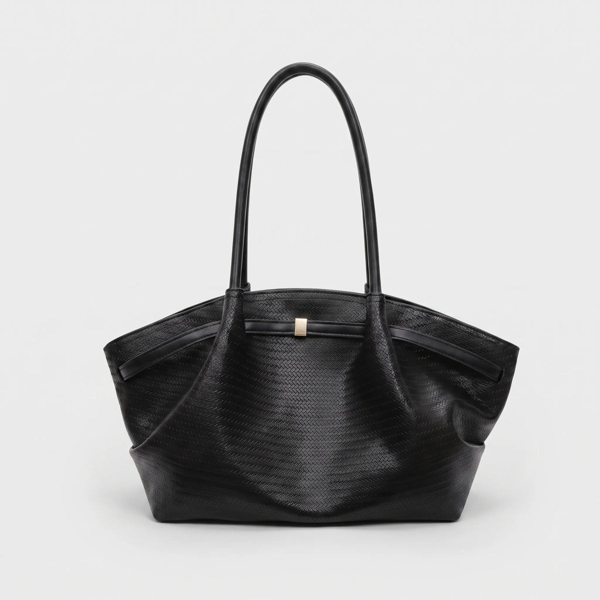 Women's textured woven trapeze tote handbag with long shoulder handles