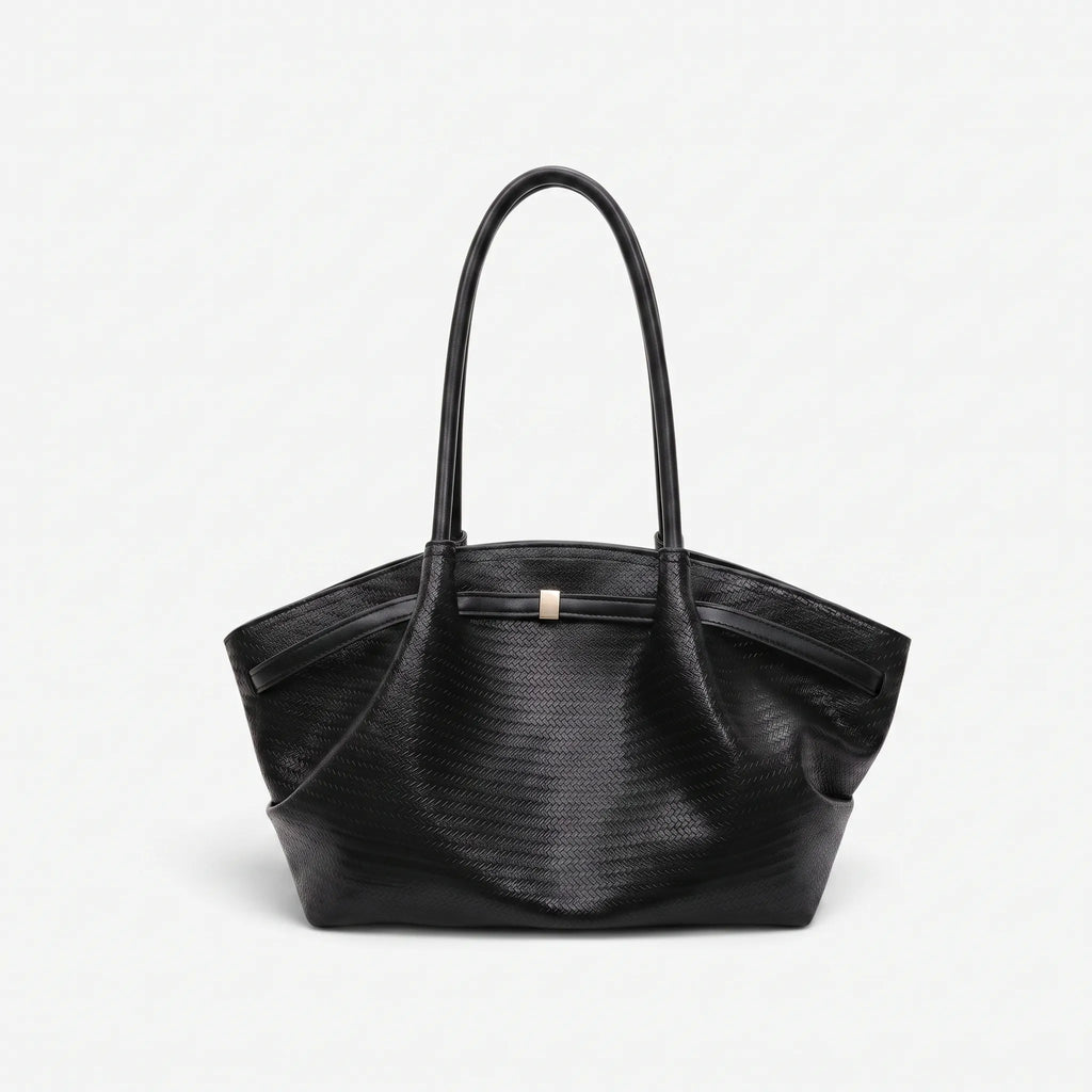 Women's textured woven trapeze tote handbag with long shoulder handles