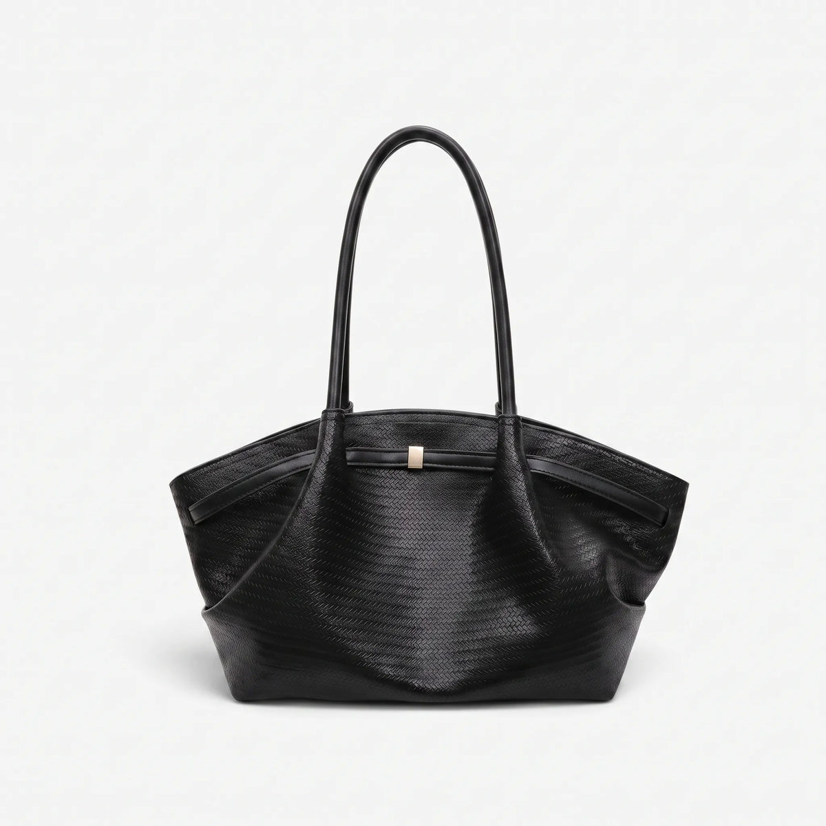 Women's textured woven trapeze tote handbag with long shoulder handles