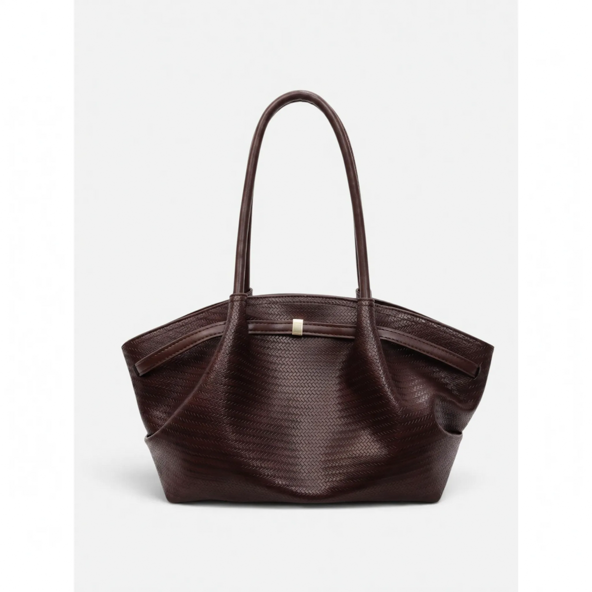 Women's textured woven trapeze tote handbag with long shoulder handles