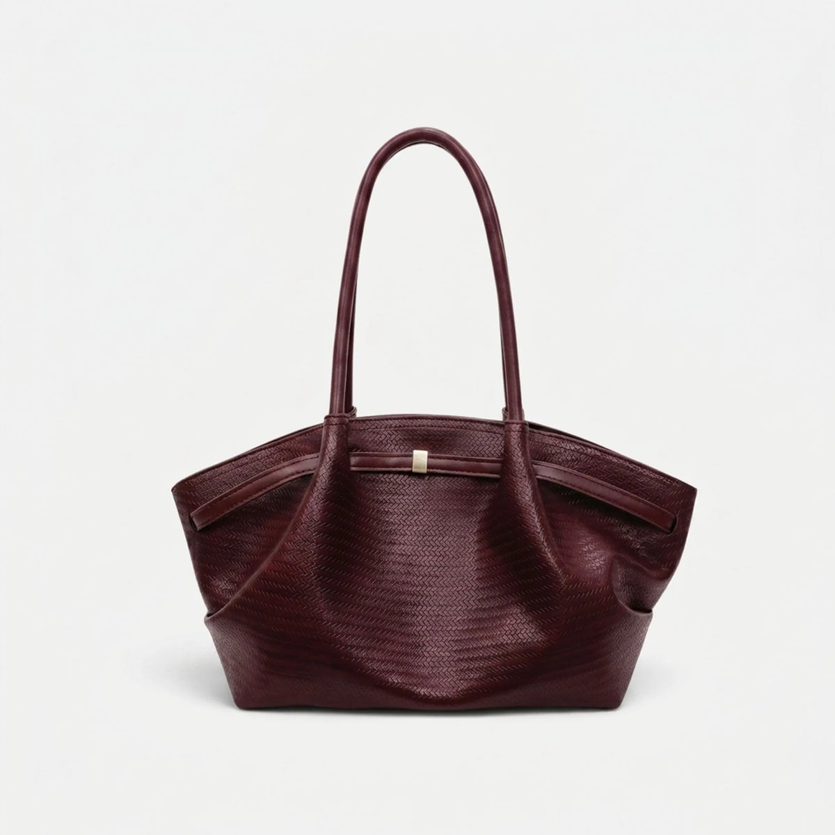 Women's textured woven trapeze tote handbag with long shoulder handles