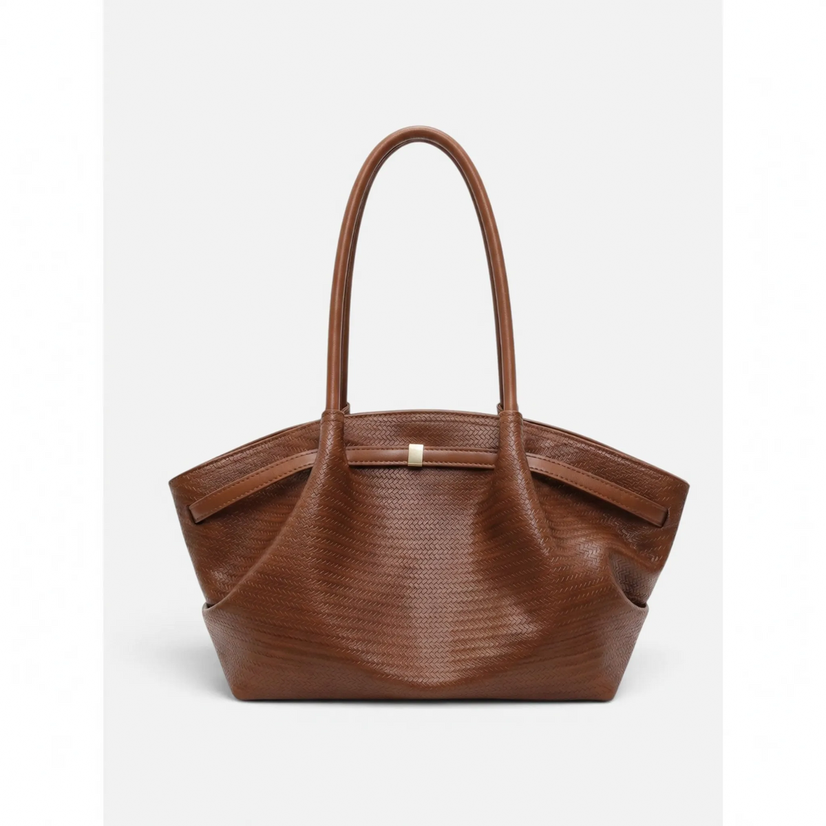 Women's textured woven trapeze tote handbag with long shoulder handles