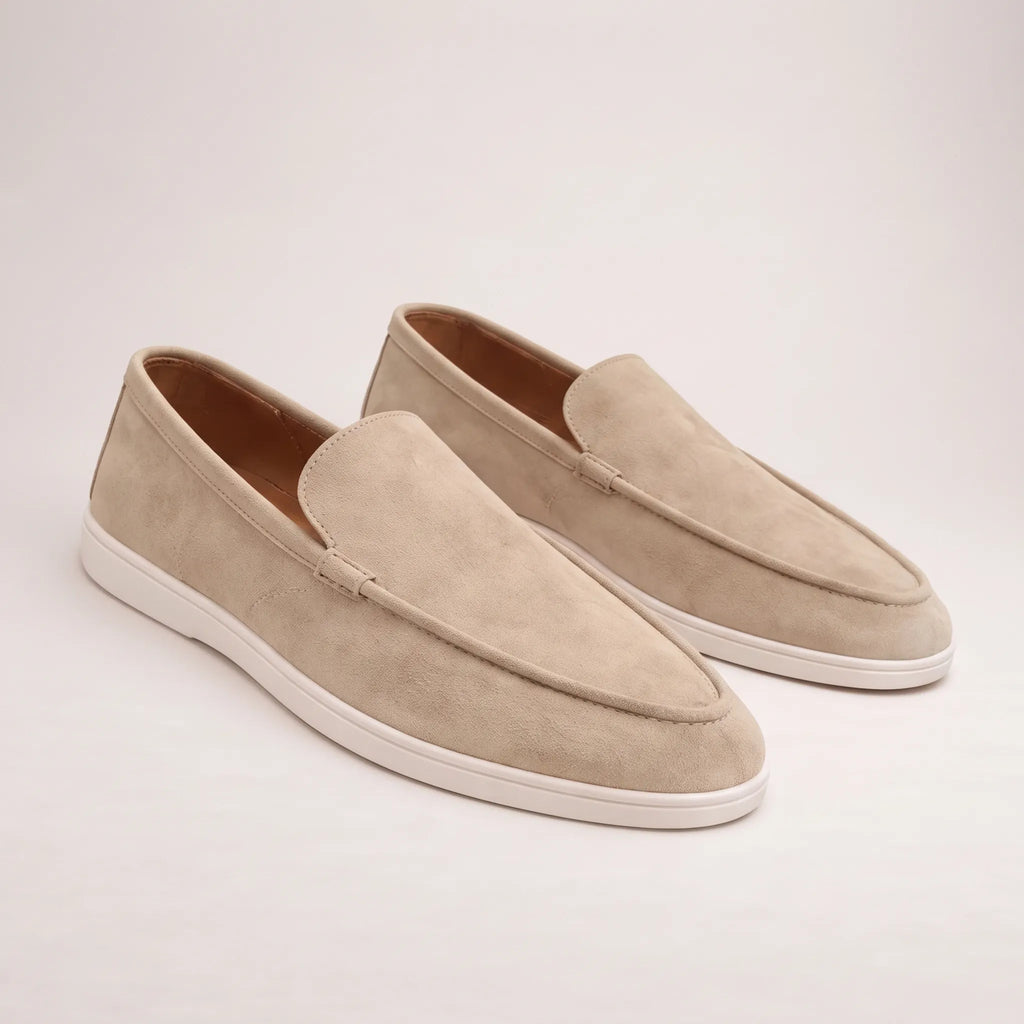 Men's slip-on loafers with rounded moc toes, stitched edging and flat soles