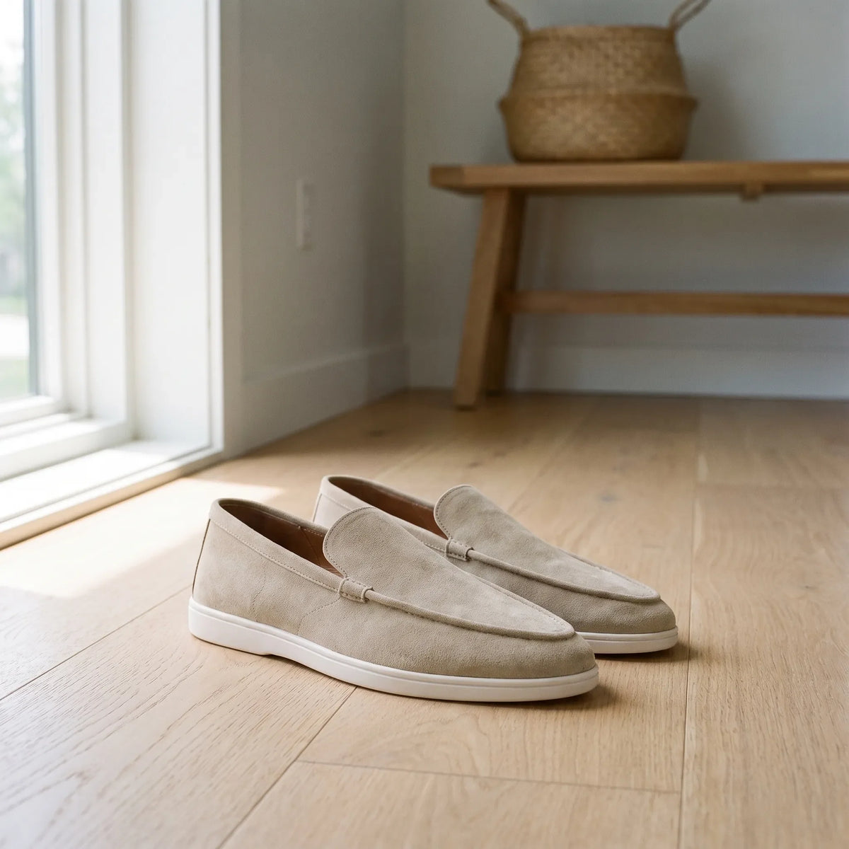 Men's slip-on loafers with rounded moc toes, stitched edging and flat soles