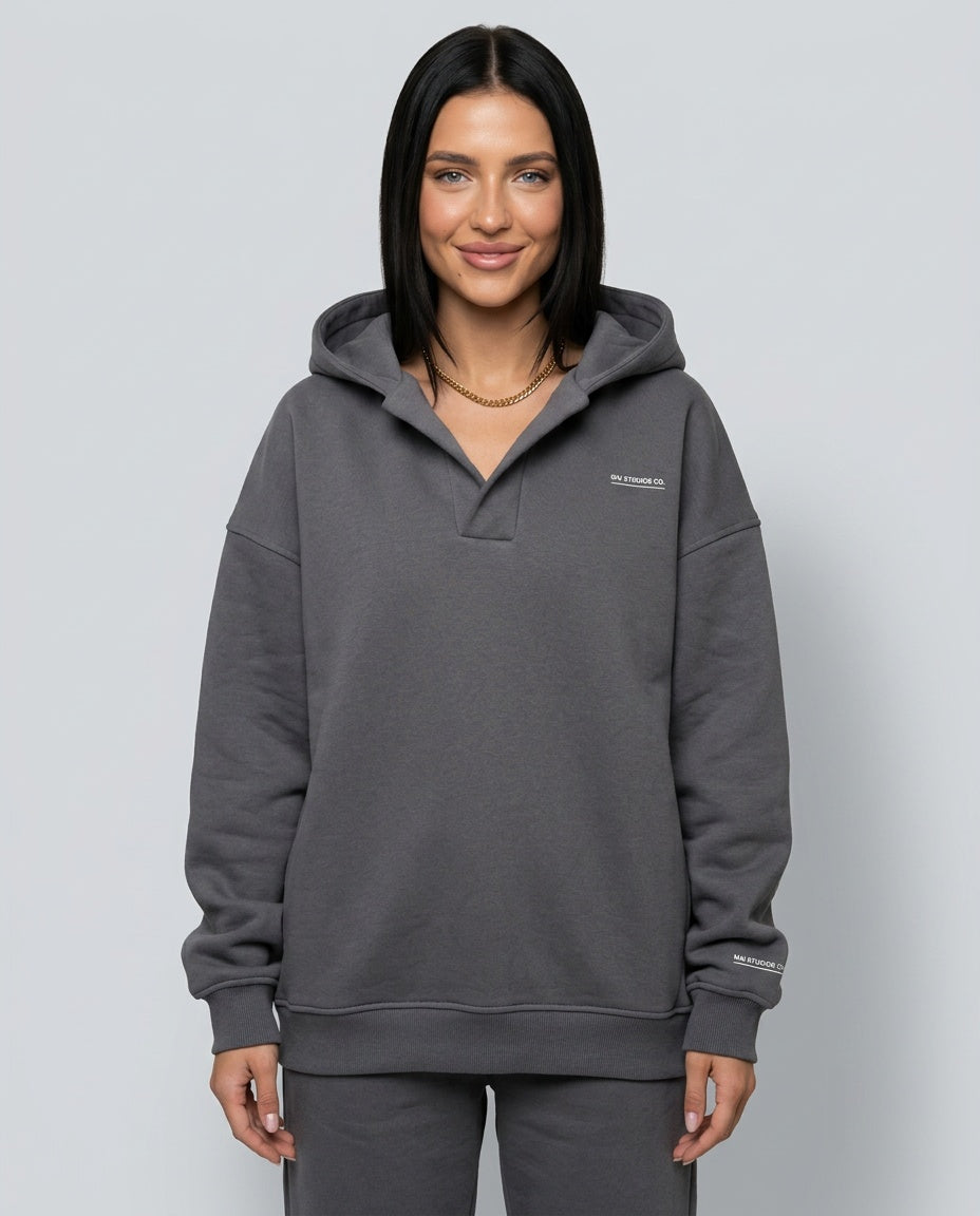 Women's oversized solid crossover hood lounge hoodie with long sleeves and ribbed trims
