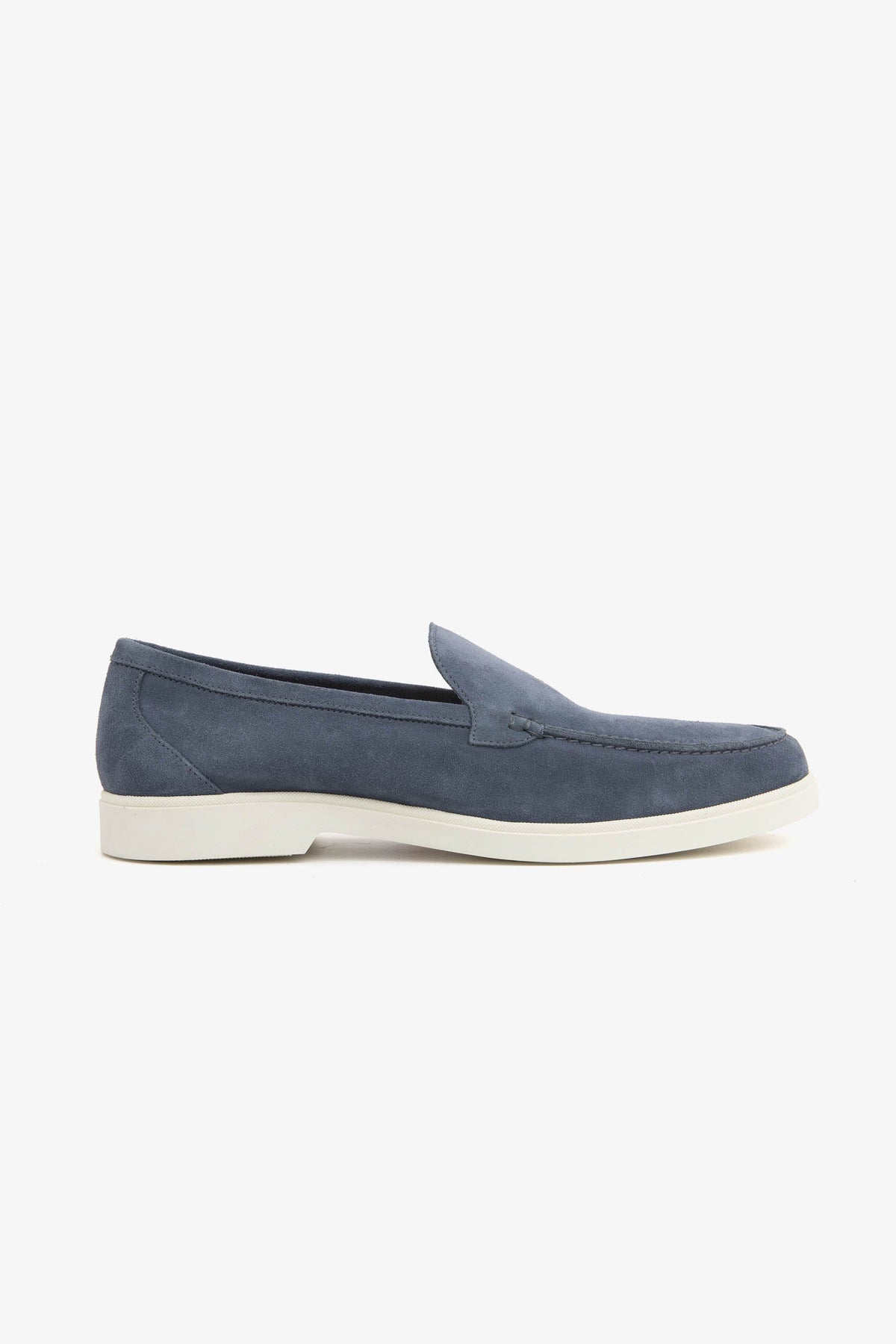 Men's blue moccasin loafers with stitched detailing and light flat soles