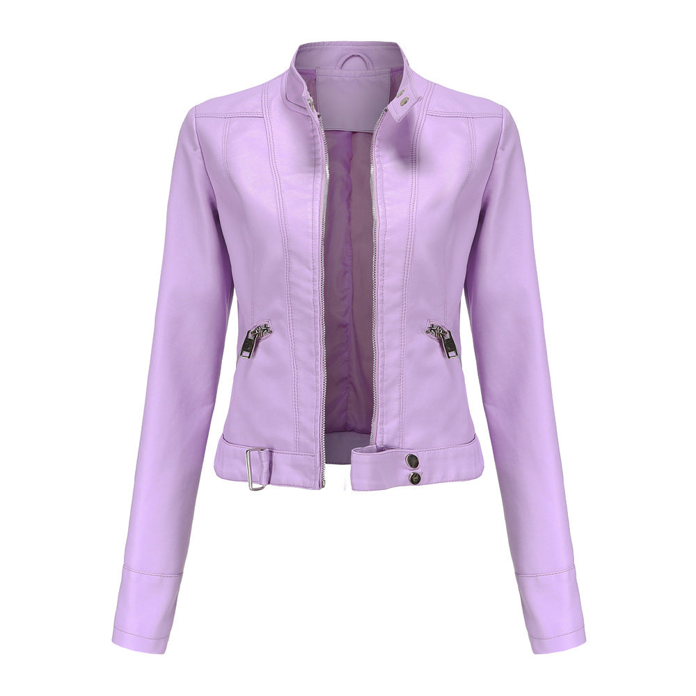 Women's cropped leather-style jacket with stand collar, long sleeves and zipped pockets