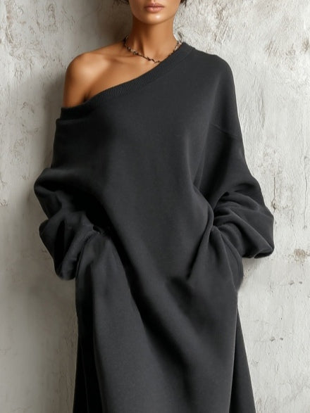 Women's black off-shoulder sweatshirt maxi dress with long sleeves