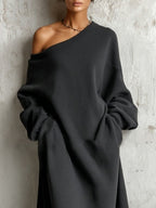 Women's black off-shoulder sweatshirt maxi dress with long sleeves