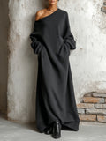 Women's black off-shoulder sweatshirt maxi dress with long sleeves