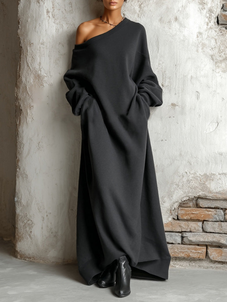 Women's black off-shoulder sweatshirt maxi dress with long sleeves