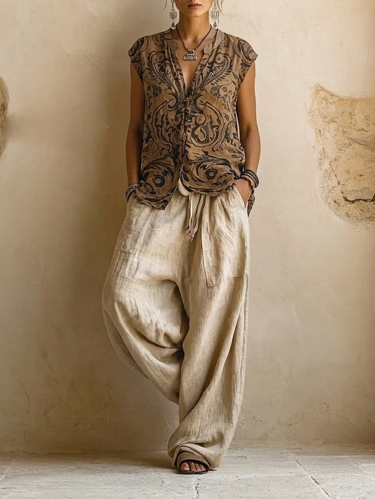 Women's beige three-piece outfit with printed sleeveless top, long cardigan and wide trousers