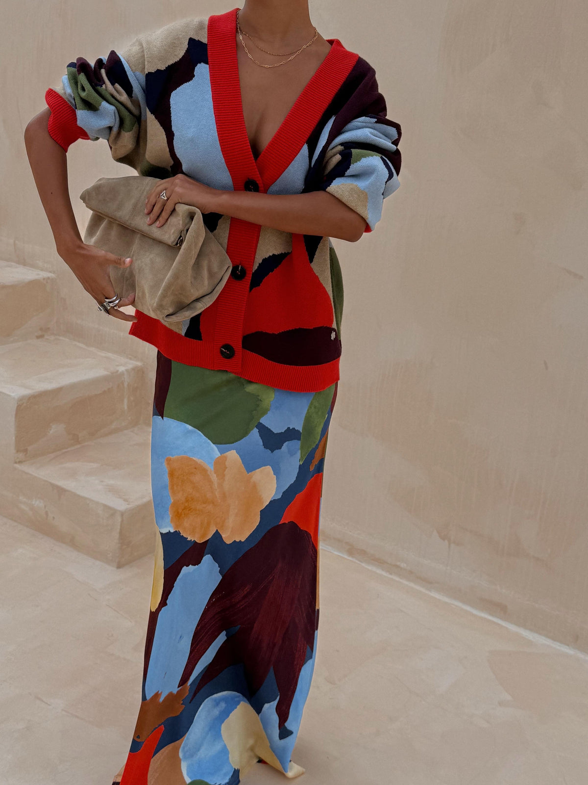 Women's multicoloured abstract geometric V-neck button cardigan