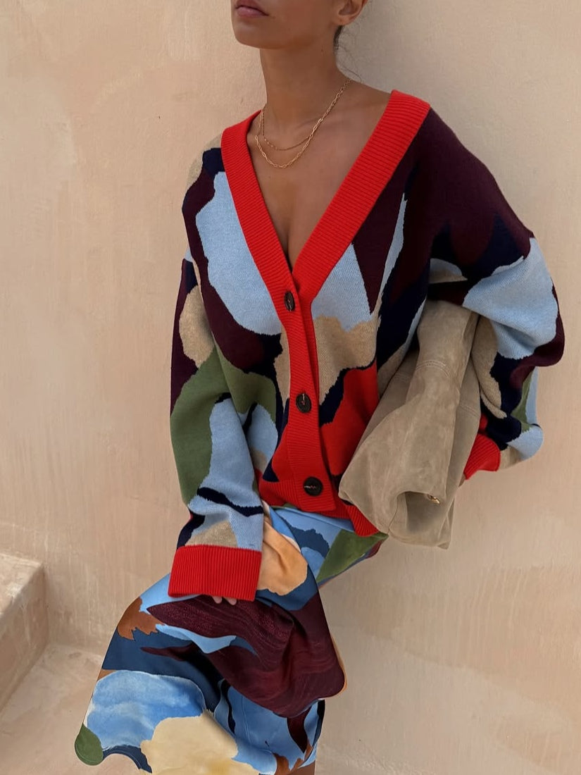 Women's multicoloured abstract geometric V-neck button cardigan
