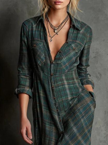 Women's checked plaid shirt maxi dress with lapel collar and long sleeves