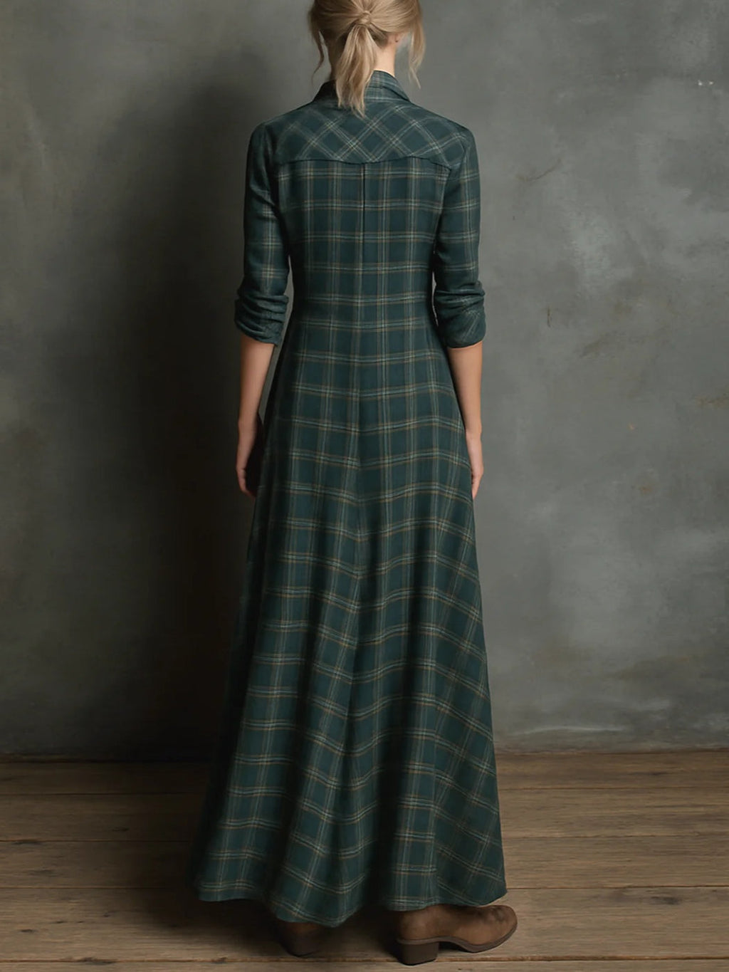 Women's checked plaid shirt maxi dress with lapel collar and long sleeves