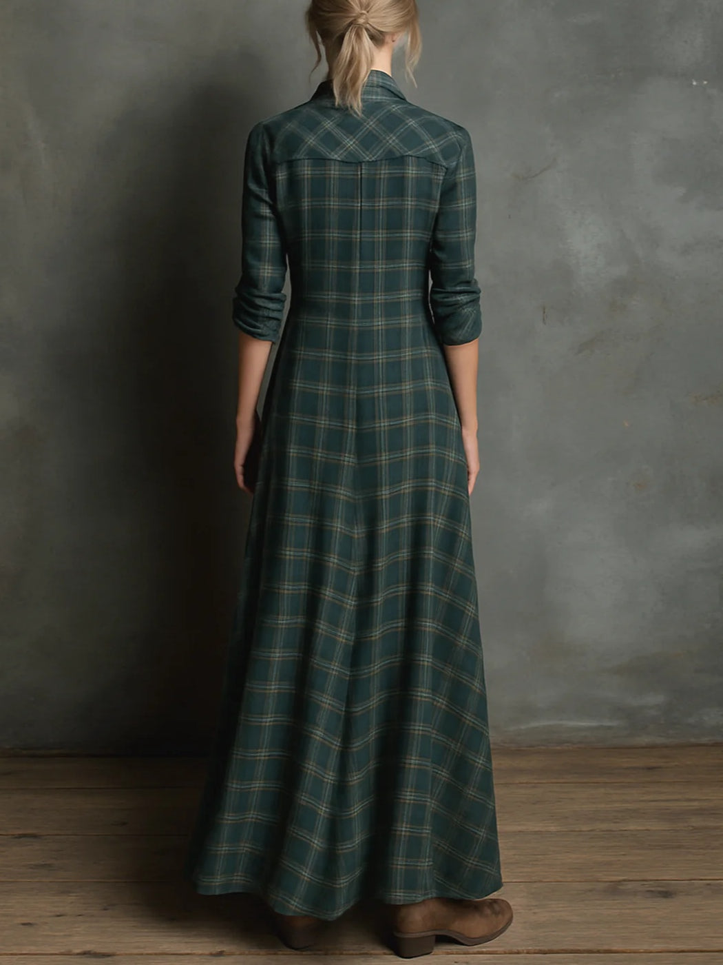 Women's checked plaid shirt maxi dress with lapel collar and long sleeves