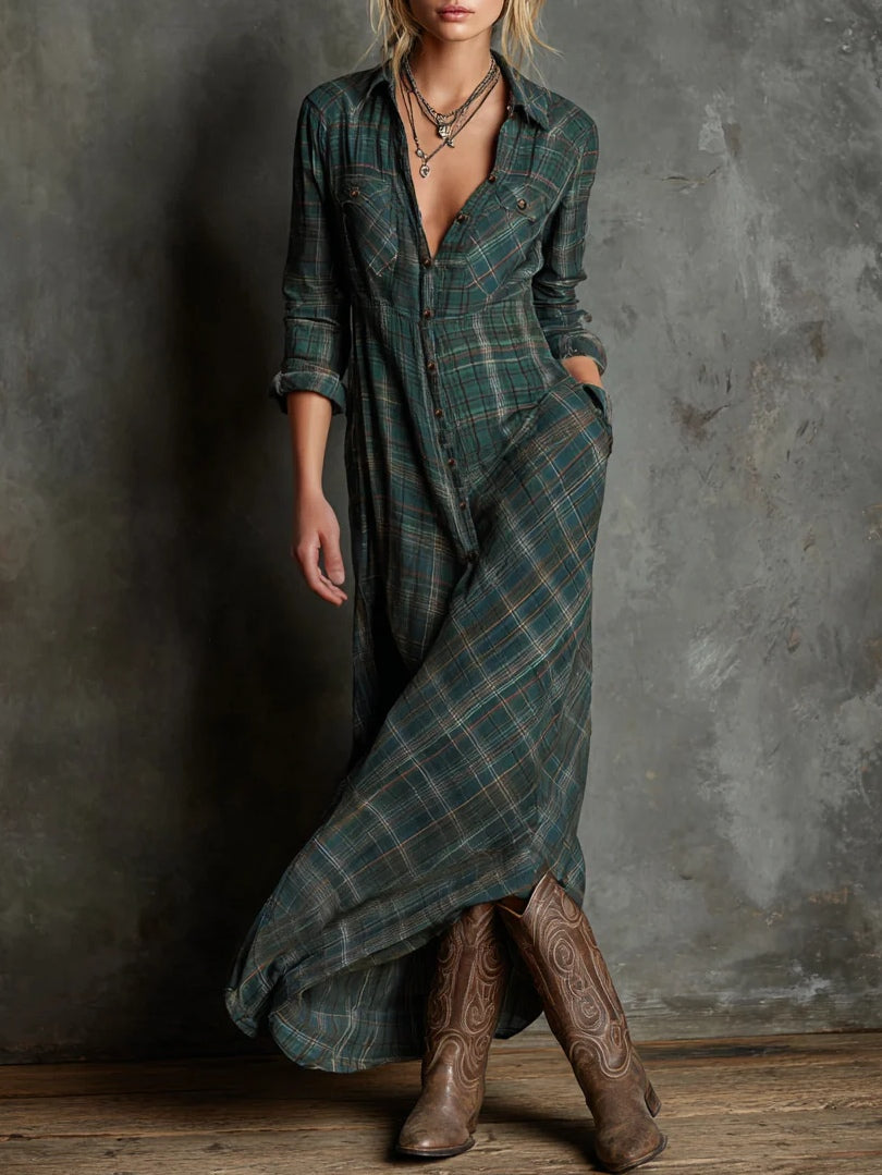 Women's checked plaid shirt maxi dress with lapel collar and long sleeves