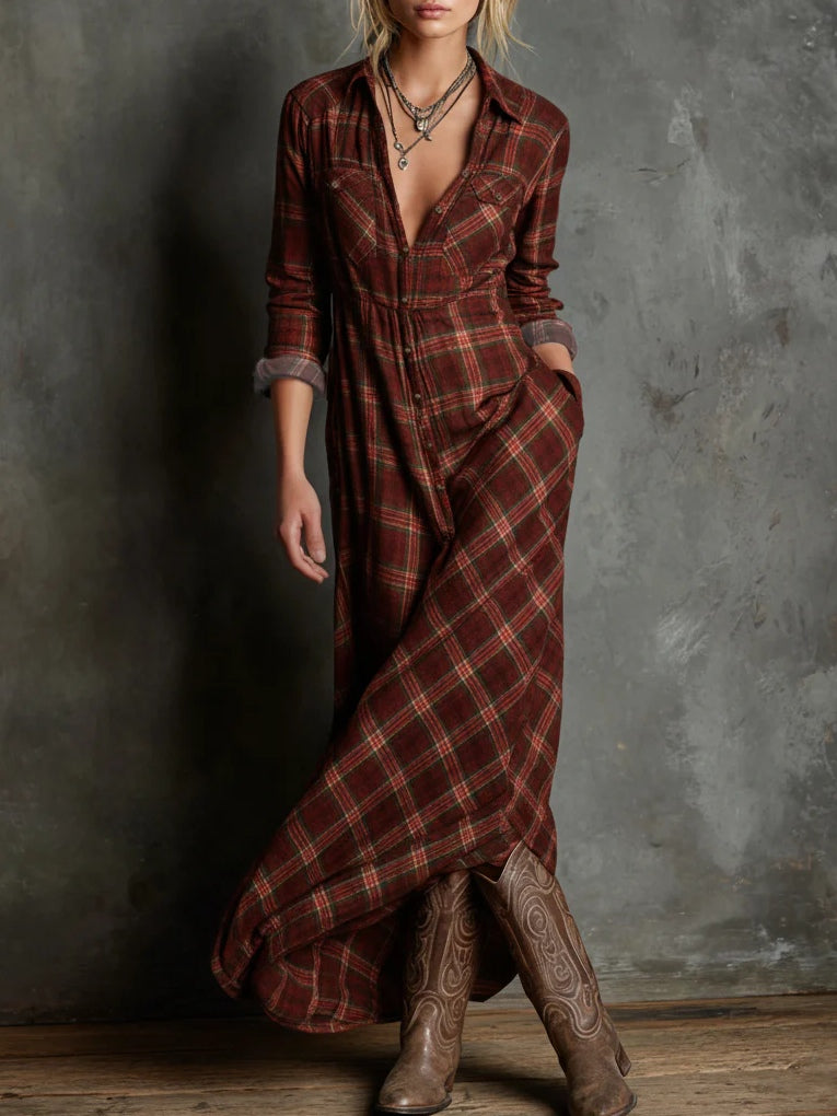 Women's checked plaid shirt maxi dress with lapel collar and long sleeves