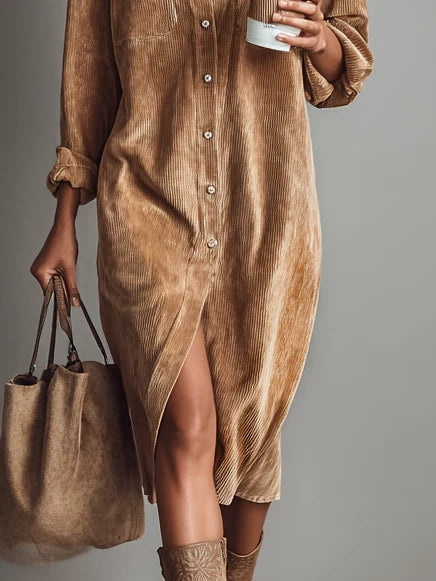Women's brown corduroy shirt midi dress with long sleeves and chest pockets