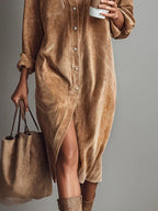 Women's brown corduroy shirt midi dress with long sleeves and chest pockets