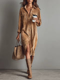 Women's brown corduroy shirt midi dress with long sleeves and chest pockets