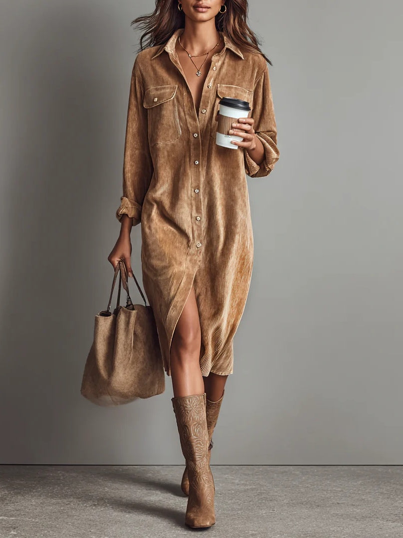 Women's brown corduroy shirt midi dress with long sleeves and chest pockets