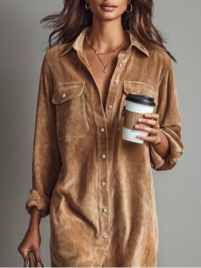 Women's brown corduroy shirt midi dress with long sleeves and chest pockets
