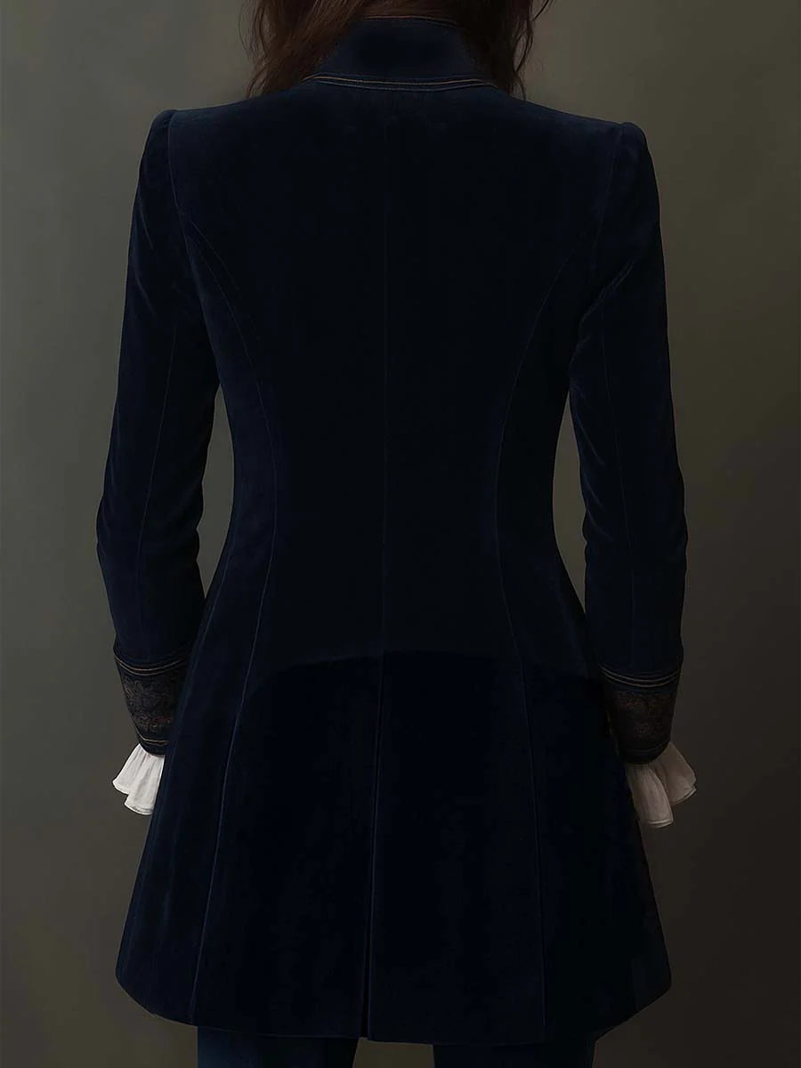 Women's navy long jacket with ornate embroidery, high collar and long sleeves