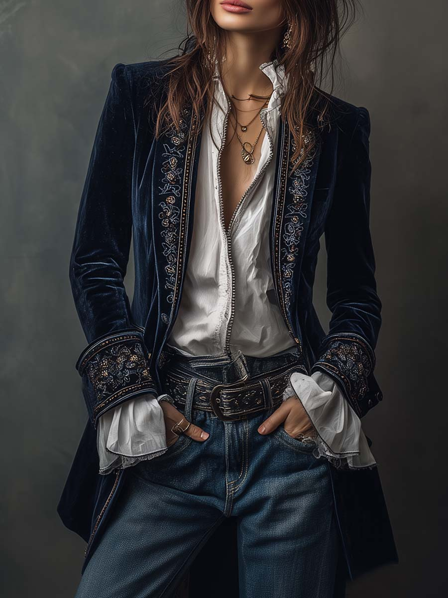 Women's navy long jacket with ornate embroidery, high collar and long sleeves