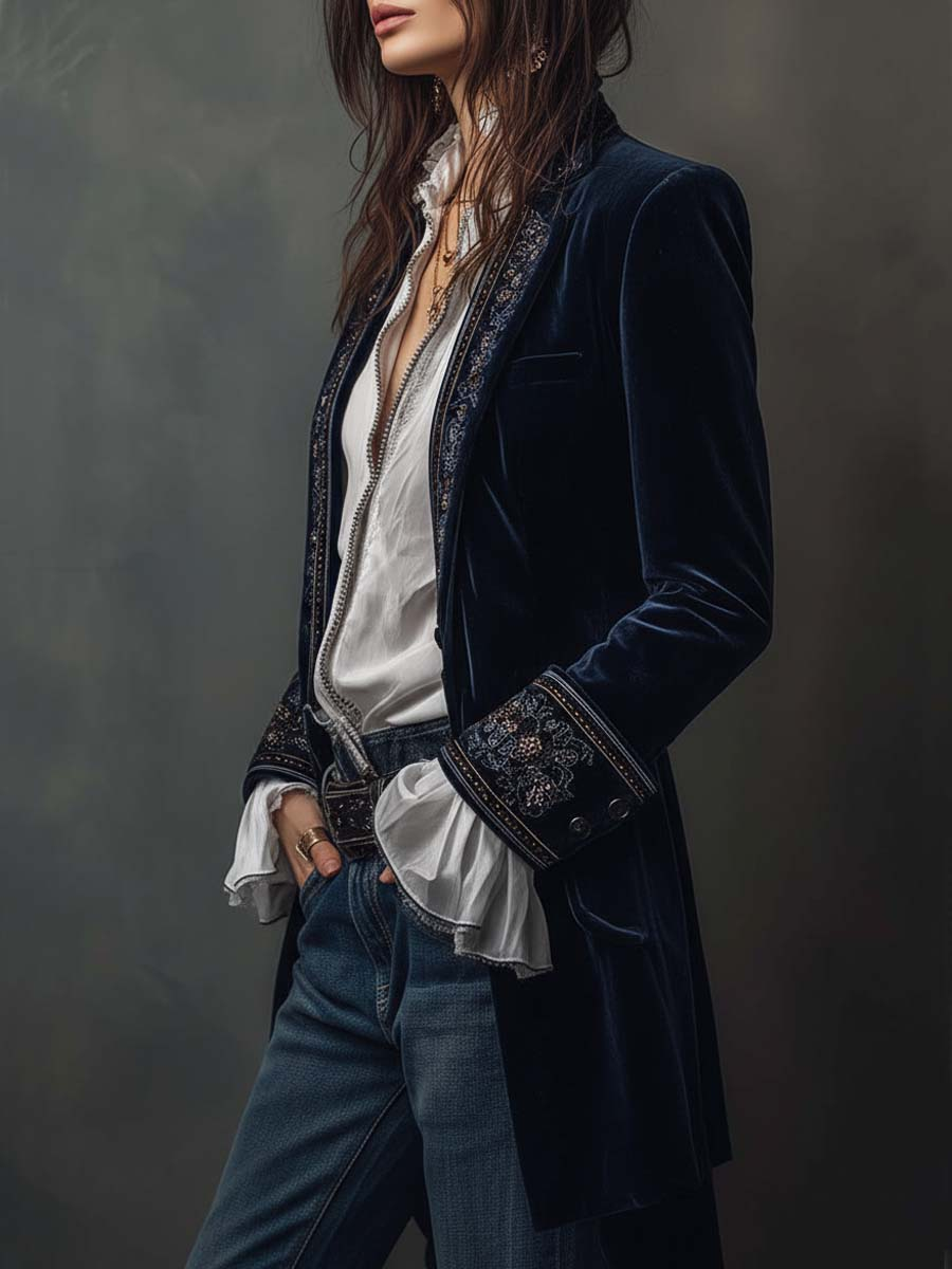 Women's navy long jacket with ornate embroidery, high collar and long sleeves