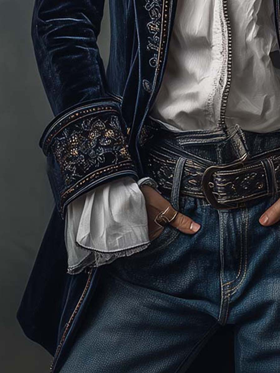 Women's navy long jacket with ornate embroidery, high collar and long sleeves