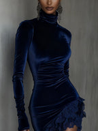 Women's navy fitted mini dress with turtleneck, long sleeves, ruching and lace hem