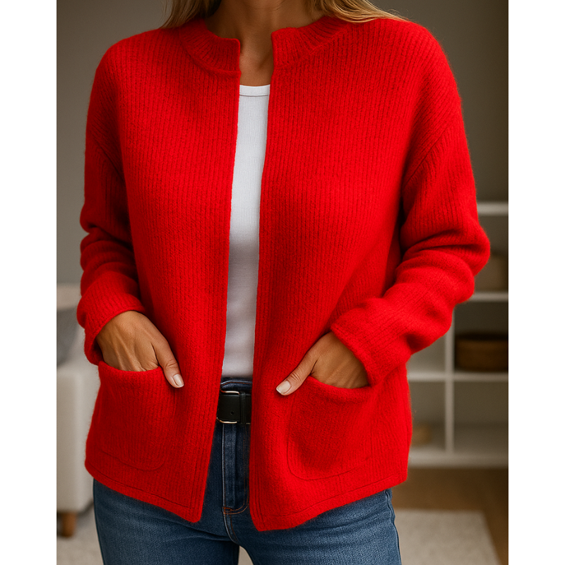 Women's ribbed knit cardigan with zip front, long sleeves and patch pockets