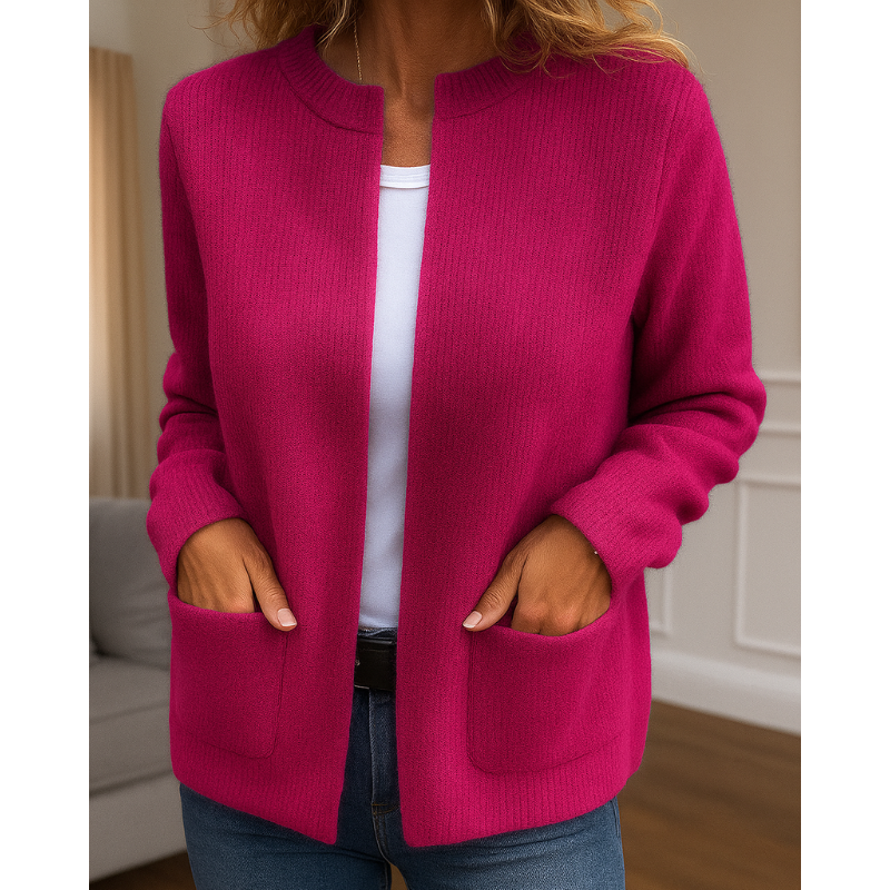 Women's ribbed knit cardigan with zip front, long sleeves and patch pockets