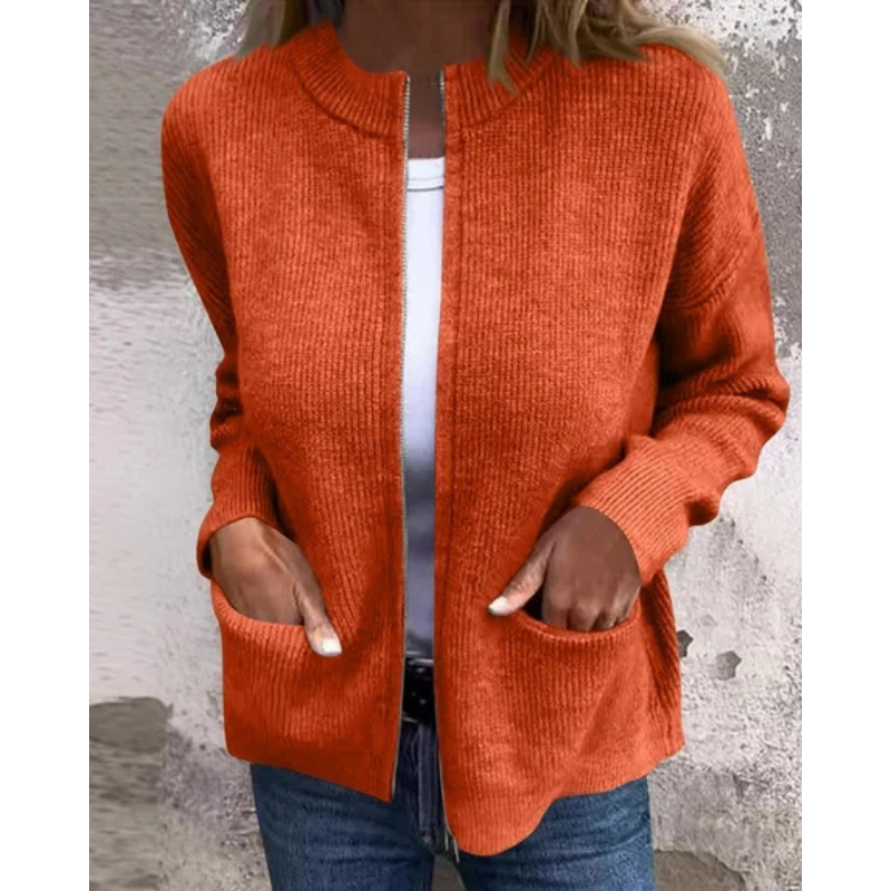 Women's ribbed knit cardigan with zip front, long sleeves and patch pockets