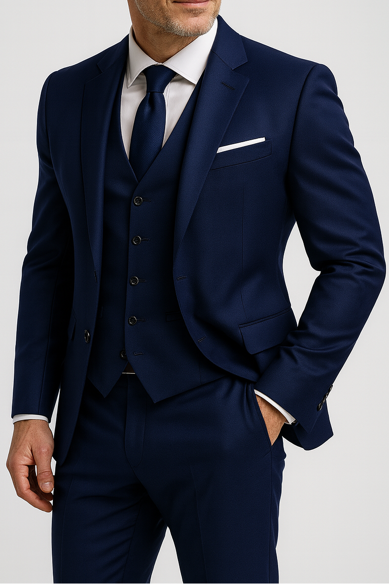 Men's three-piece slim fit suit with notch lapel jacket, waistcoat and trousers
